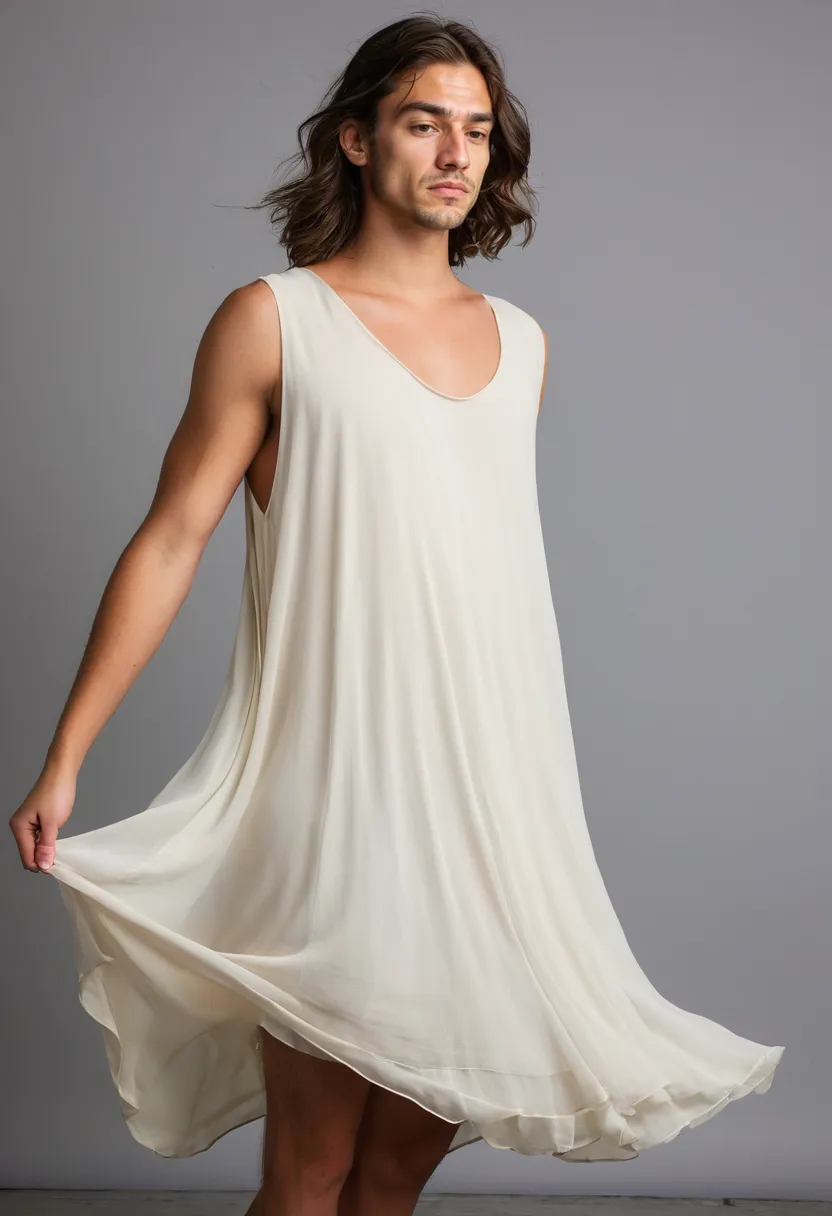 Man wearing pale ivory chiffon photoshoot dress with flowing semi-sheer layers in gentle motion against a neon noir studio backdrop with holographic accents
