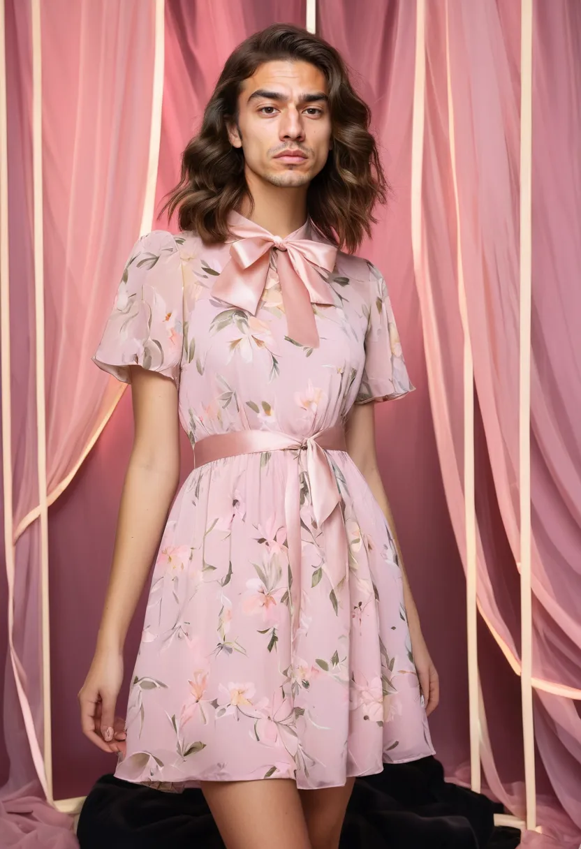 Coordinated feminine photoshoot look with floral chiffon dress, soft waves, and gentle pastel makeup