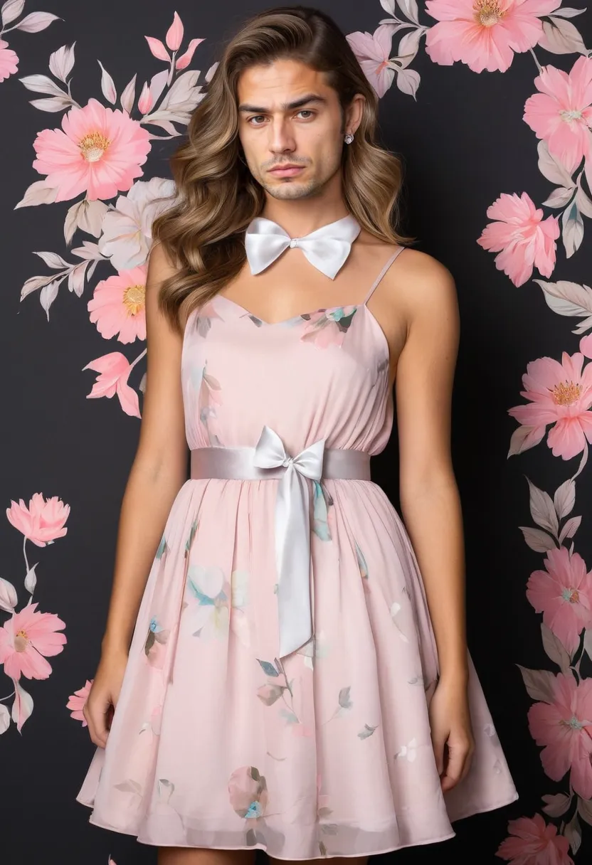 Soft wave hairstyle with satin ribbon accent paired with a pastel pink floral chiffon dress