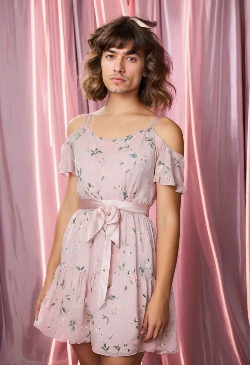 Boy wearing a pastel pink floral chiffon dress with hair styled in soft waves and a satin ribbon, creating a complete coordinated feminine look