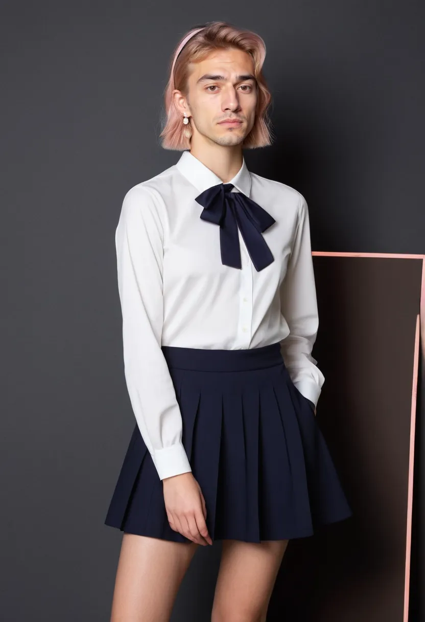 Boy in uniform-style navy skirt and white blouse with small pearl earrings and a thin pink hair ribbon