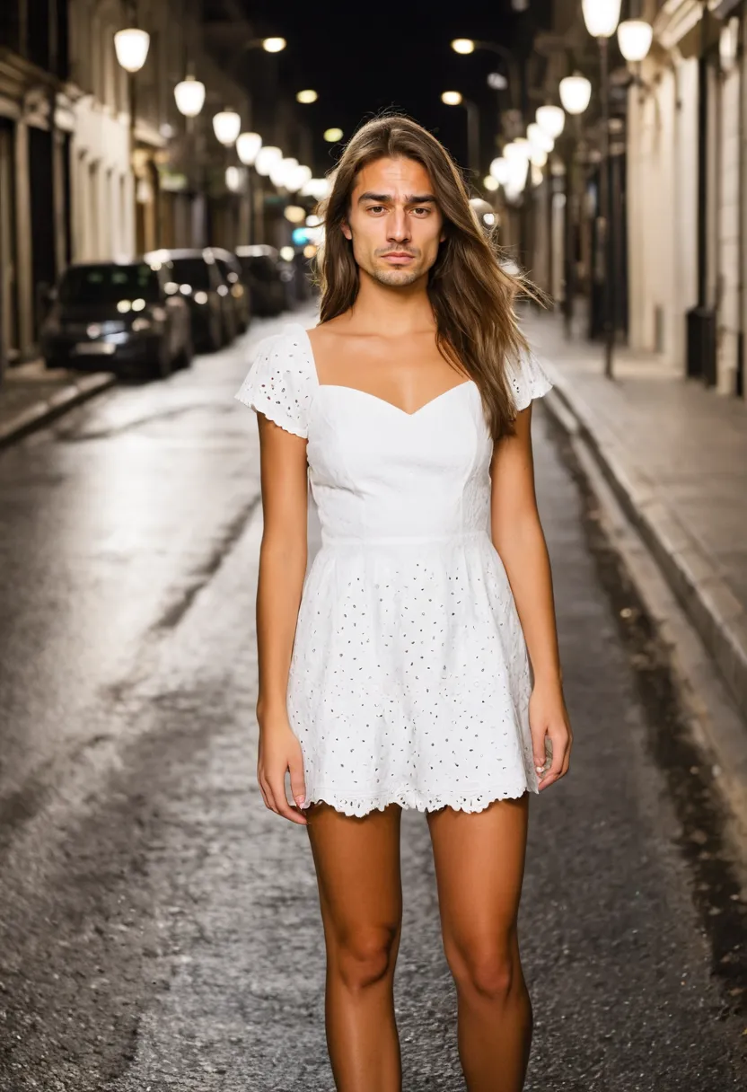 Bright white cut-out cotton mini dress styled for a men in summer feminine clothes aesthetic