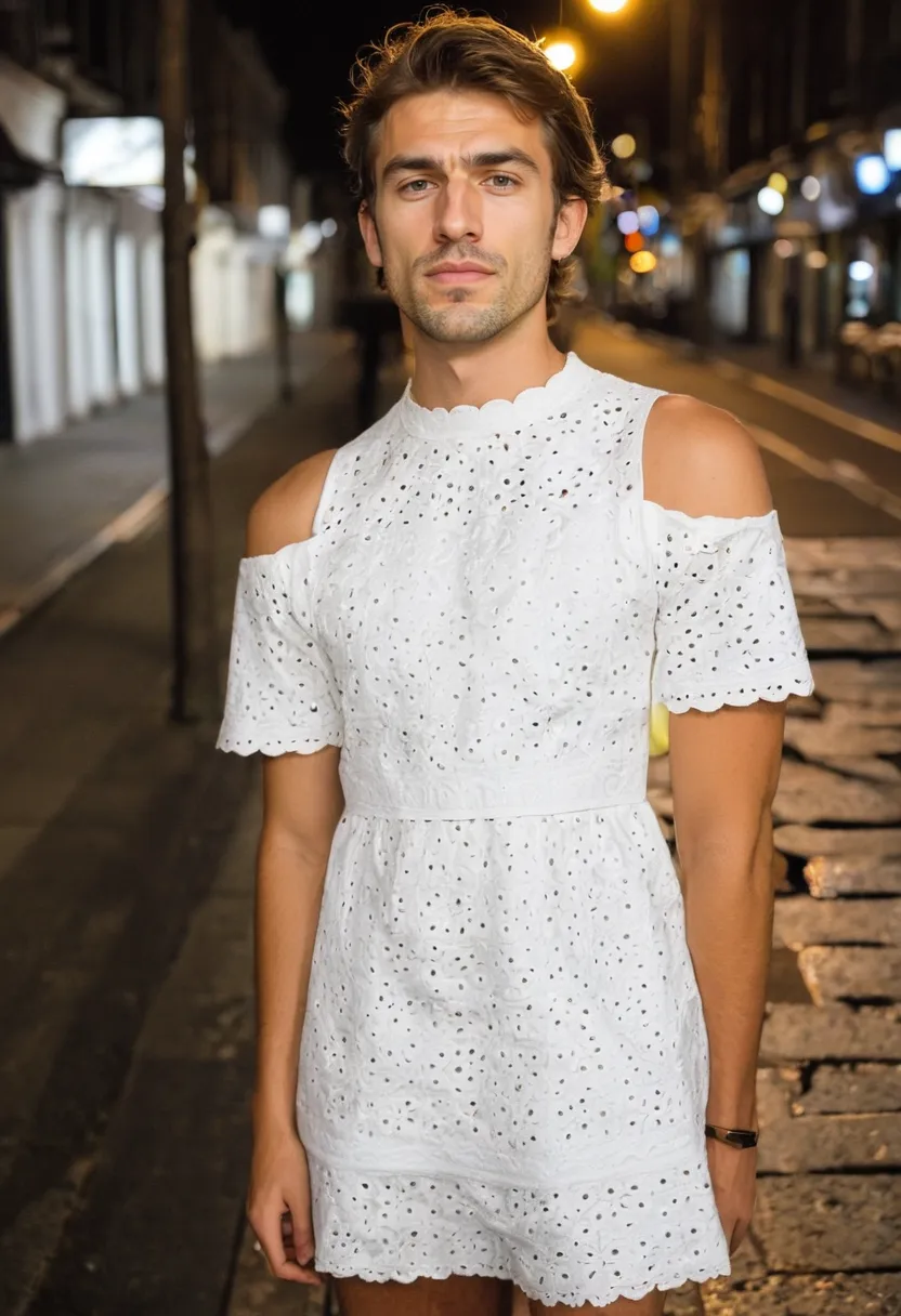 Feminine summer look on a man featuring crisp white broderie anglaise dress with floral eyelet detailing