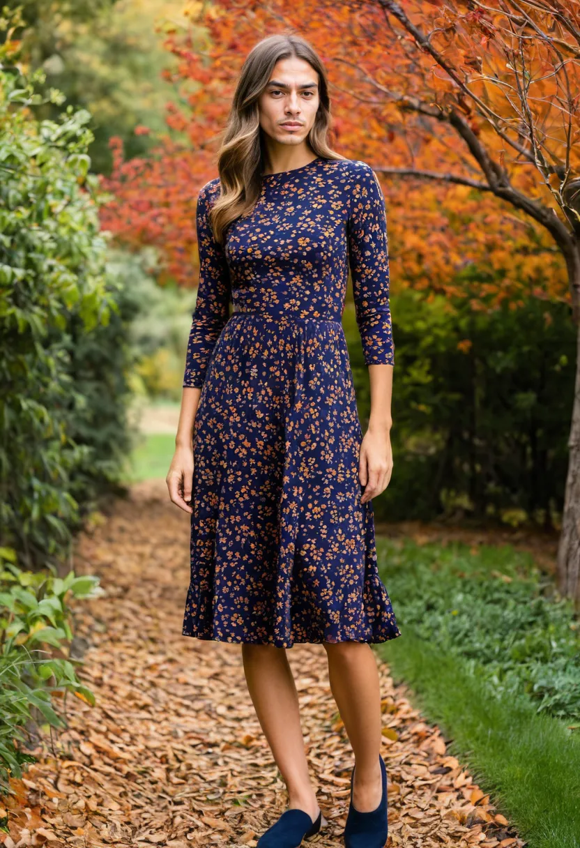 Man in a navy floral crepe midi dress with small floral repeat in rich seasonal autumn colors