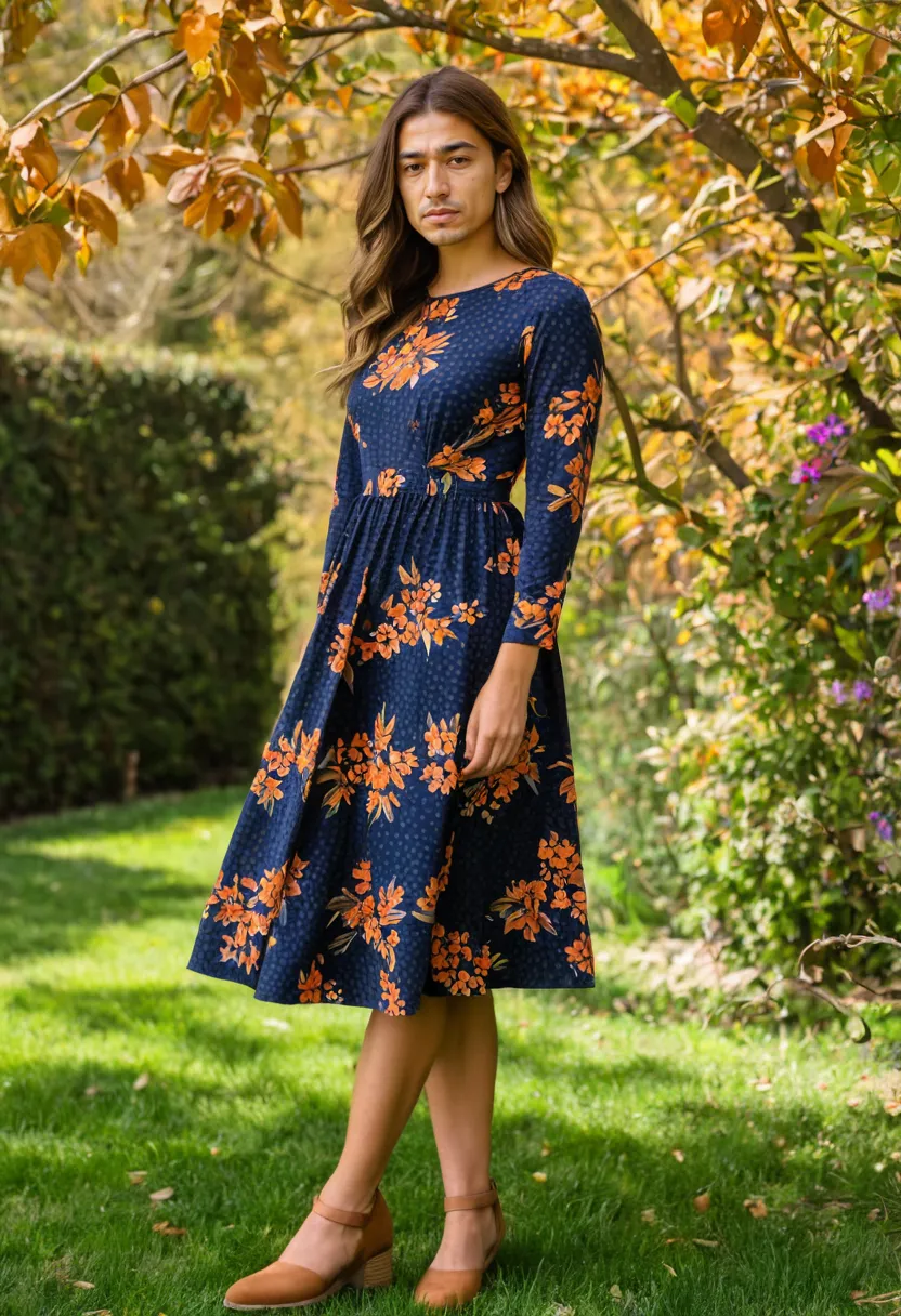 Man wearing a long-sleeve floral midi dress in autumn tones with dark berry and burnt orange florals on navy