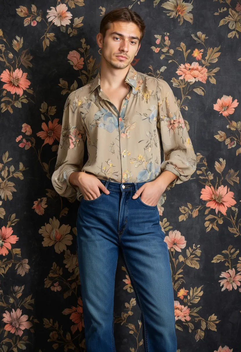 Full-length view of a gender-fluid look combining feminine floral chiffon with raw denim texture