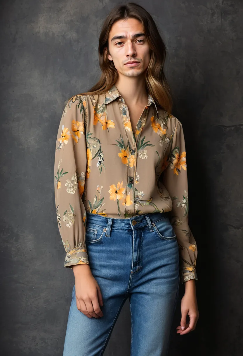 Close detail of soft chiffon floral blouse layered over straight-leg denim with holographic lighting accents