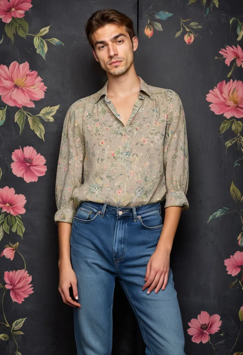 Man wearing a vintage floral chiffon blouse with raw denim jeans in a neon noir studio setting