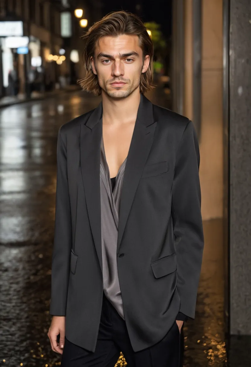 Boy in androgynous fashion mixing masculine structured suiting with feminine silk on an empty street