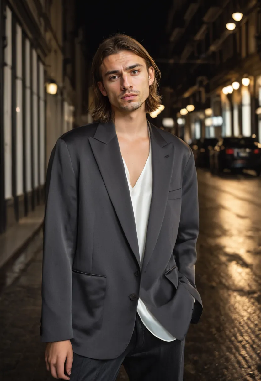 Androgynous look featuring charcoal blazer with silk camisole photographed on wet pavement