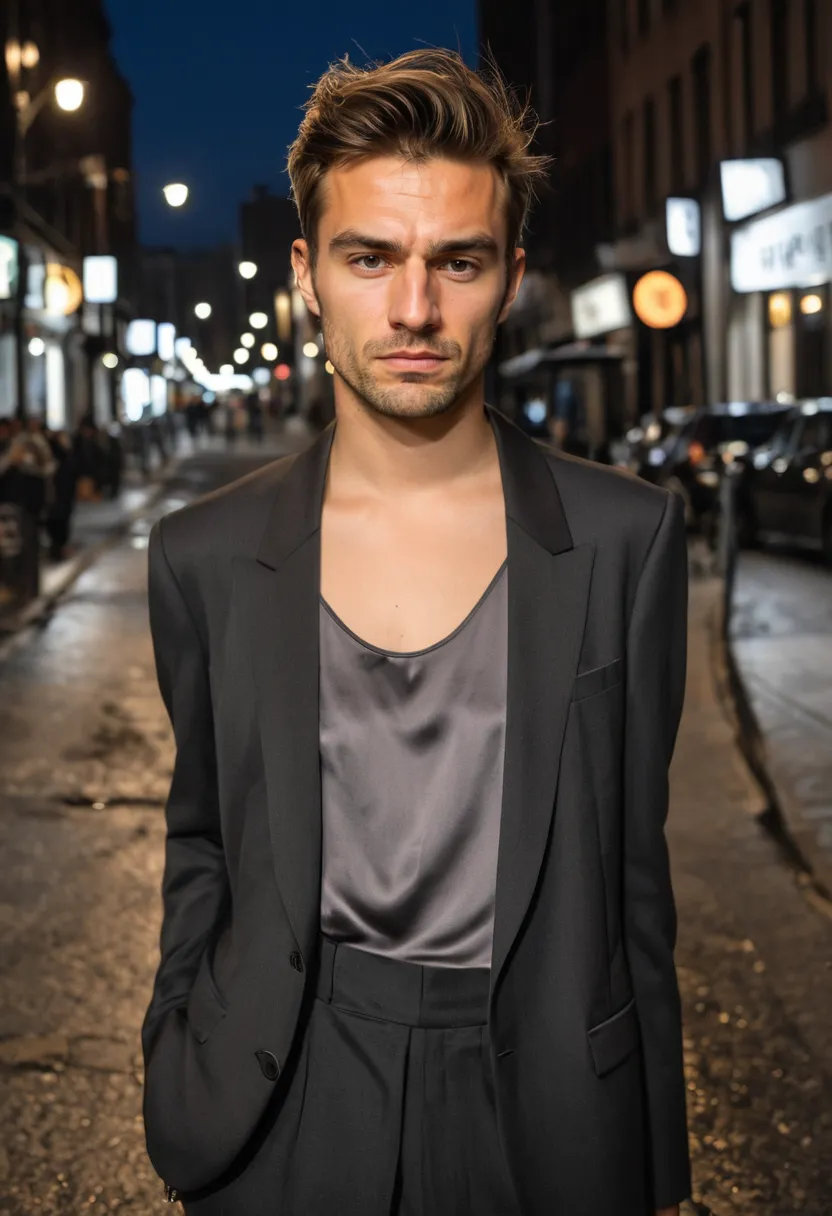 Boy wearing an oversized charcoal structured blazer over a feminine silk camisole on a wet night street