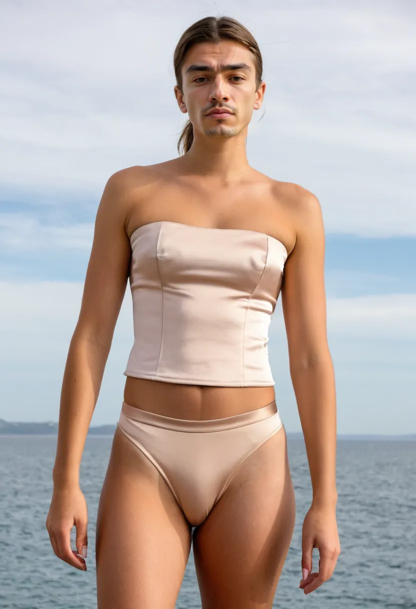 A man wearing a fitted strapless bandeau-style top in nude-blush satin with light boning at the bust, smooth structured fabric, straight across neckline with a slight high-sheen finish