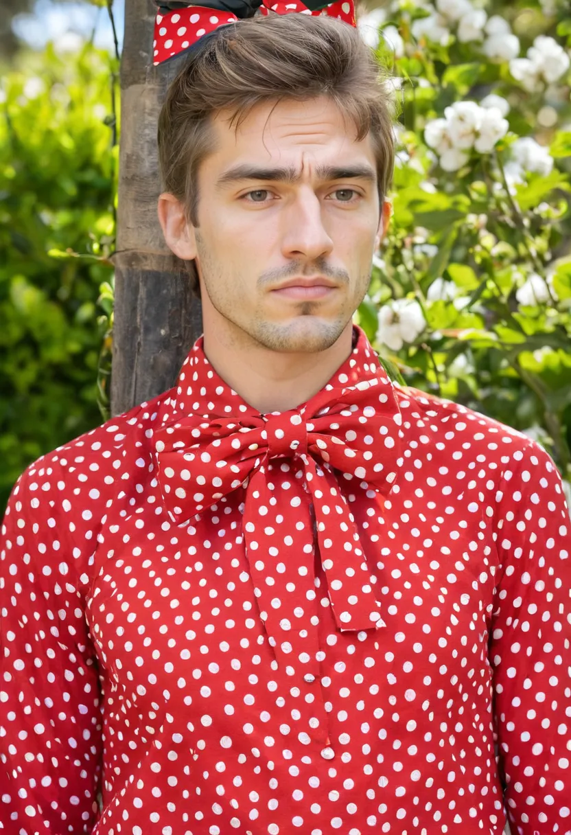 Boys in blouses with bows: bold red and white polka dot print with large matching fabric bow