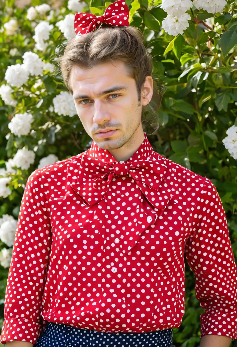 Crisp structured red cotton polka dot blouse with full rounded bow loops in blooming garden