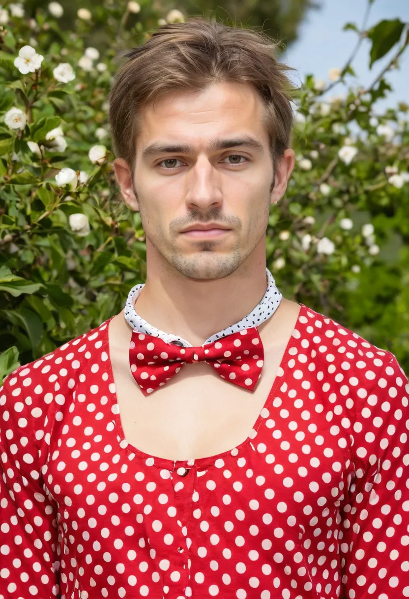 Man wearing bold red polka dot bow blouse with white dots, large matching neck bow, fitted silhouette