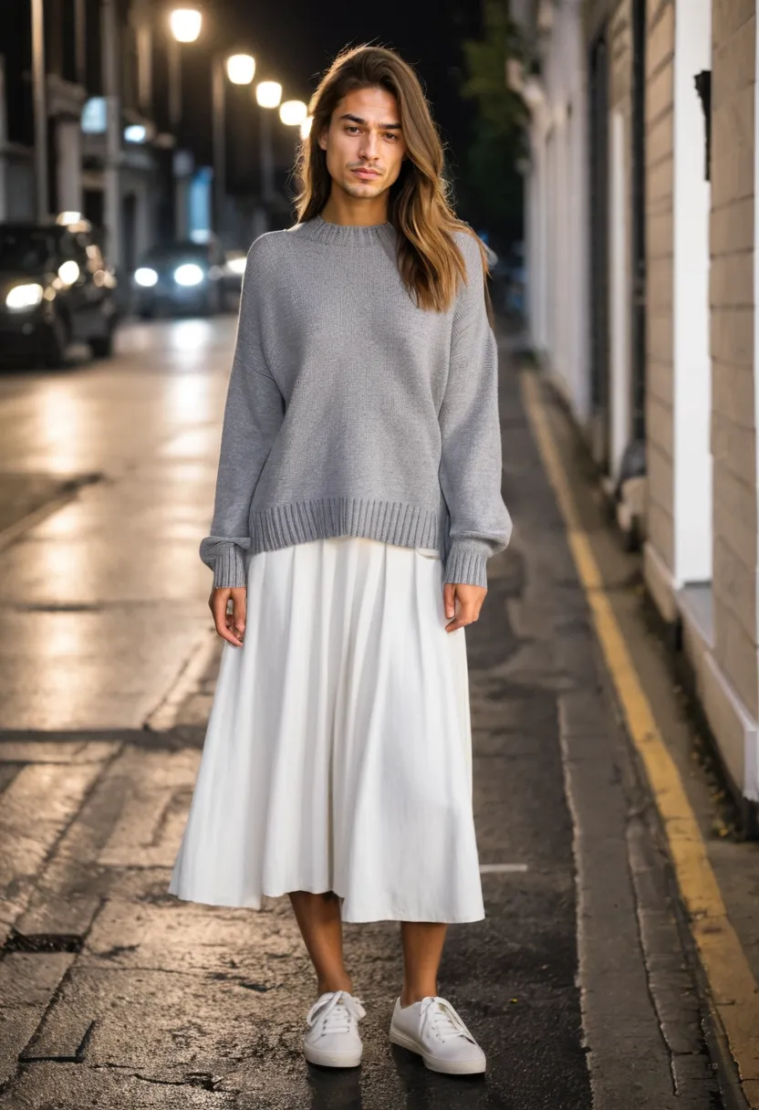 Detail of chunky knit sweater paired with a lightweight white skirt, soft feminine layering