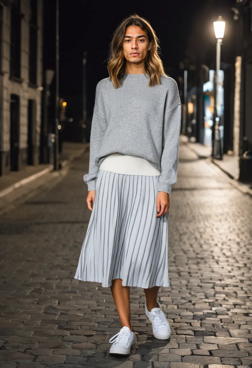 Boy wearing a soft grey oversized knit sweater with a flowing white midi skirt, chunky knit contrasting with smooth lightweight fabric