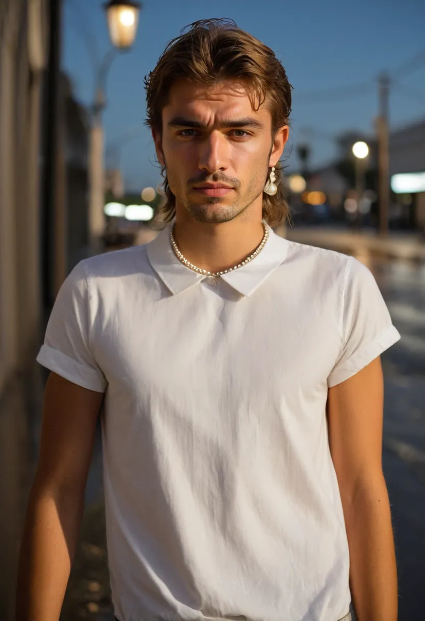 Man wearing a white cotton blouse with a thin pearl necklace and small hoop earrings, subtle jewelry detail