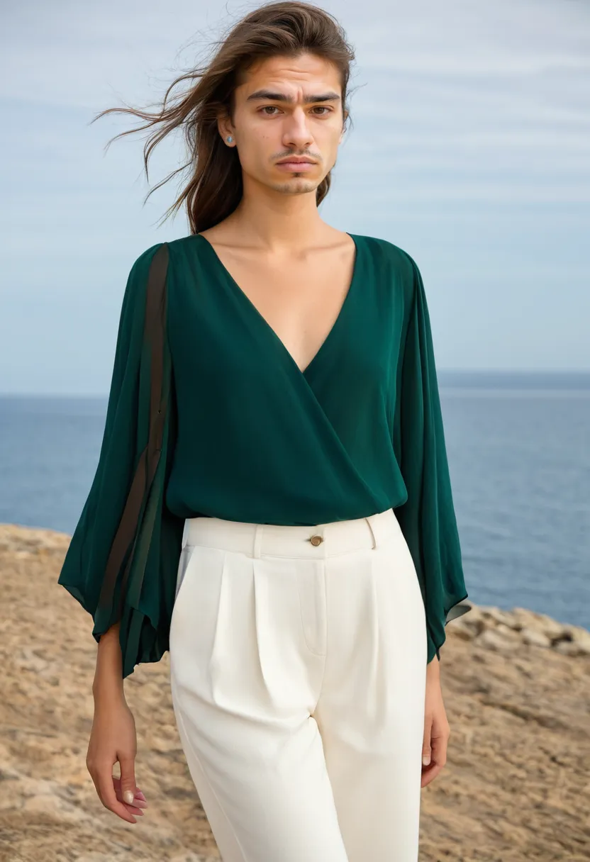 man wearing rich emerald chiffon blouse with V-neck and wide sleeves, sheer jewel-toned fabric draping in elegant luminous folds by the ocean