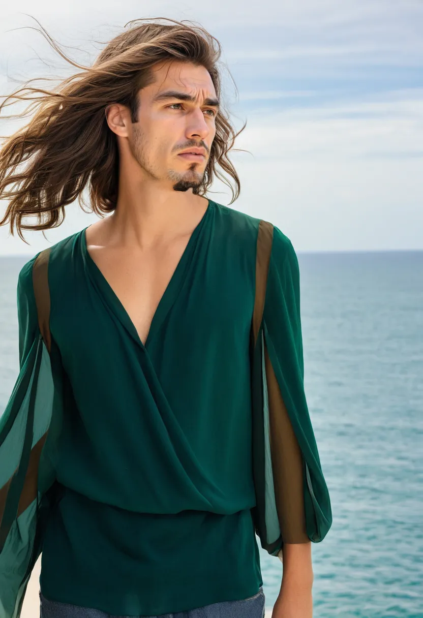 man in emerald green chiffon blouse with draped collar and elegant long folds, jewel-tone sheer fabric with wide flowing sleeves against cloudy sky