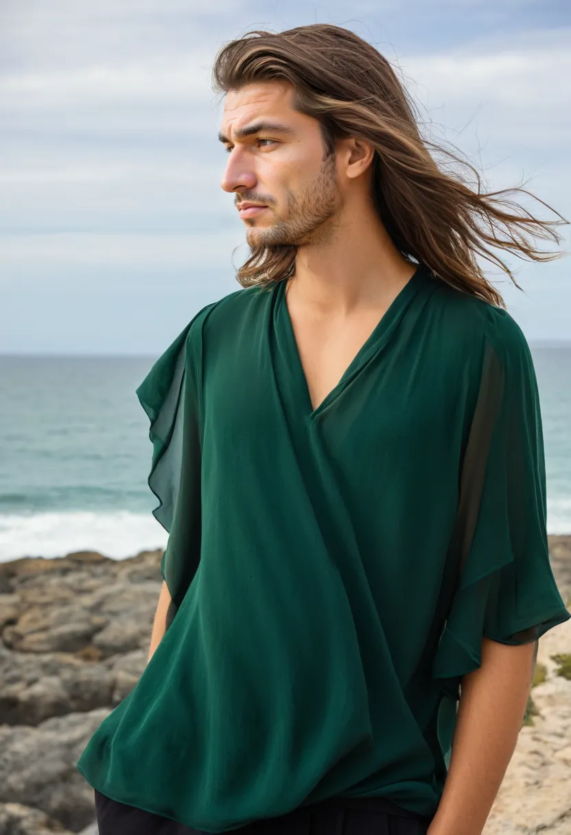 man wearing a deep emerald green chiffon blouse, rich jewel-toned sheer fabric with relaxed V-neck and soft draped collar, wide fluid sleeves catching light with subtle luminosity