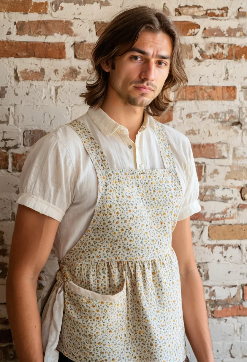 A boy wearing a pinafore apron over a cream linen blouse, apron straps crossing at the back, photographed against exposed brick.