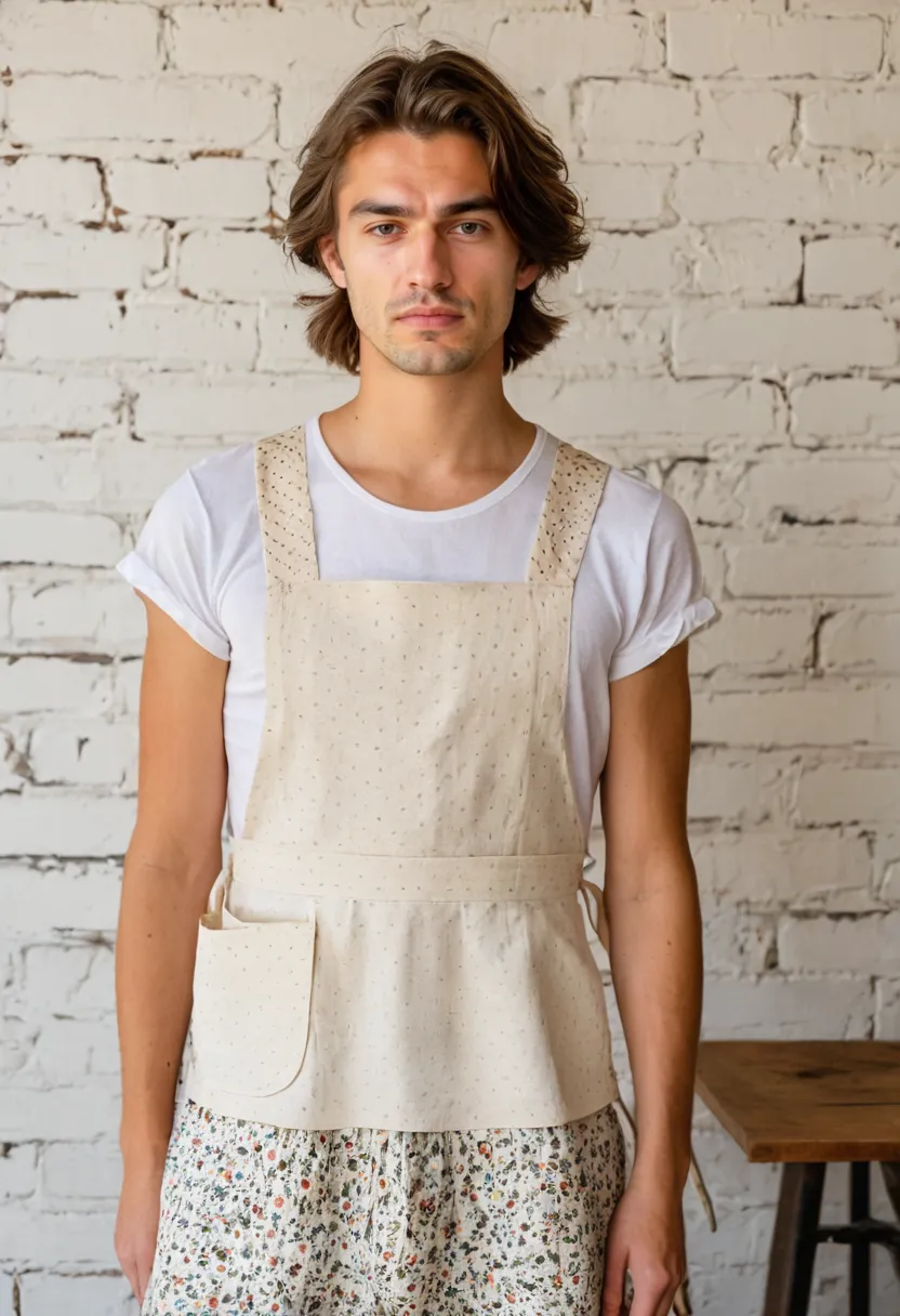 A boy wearing a cottagecore layered outfit with a cream linen blouse and a floral cotton pinafore apron in a small ditsy print, with apron straps crossing at the back, against an industrial brick wall.