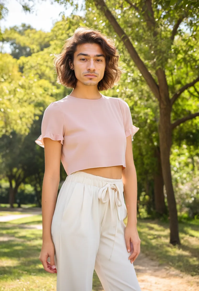 Lightweight coral pink chiffon crop with wide frilled hem and short puff sleeves