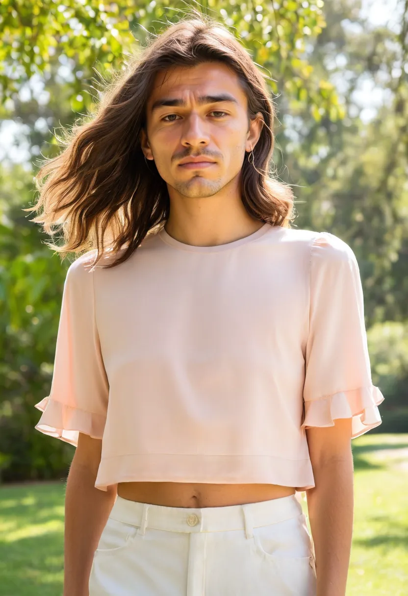 Relaxed boxy coral pink crop top with semi-sheer chiffon fabric and delicate drape