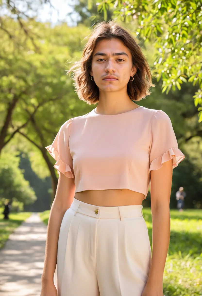 Man wearing a trendy crop top in soft coral pink chiffon with puff sleeves and subtle frill hem