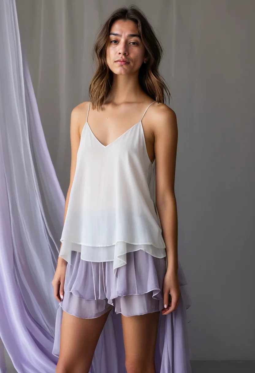 A man wearing a dreamy layered outfit in soft whites and pale lavender, sheer chiffon layers over a satin slip, fabric floating with an ethereal quality against a neon noir studio backdrop with holographic accents