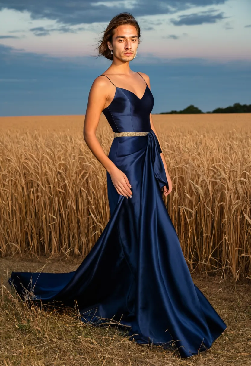 Man in a luxurious deep blue heavy satin floor-length dress with lustrous surface and weighted drape, golden hour field background