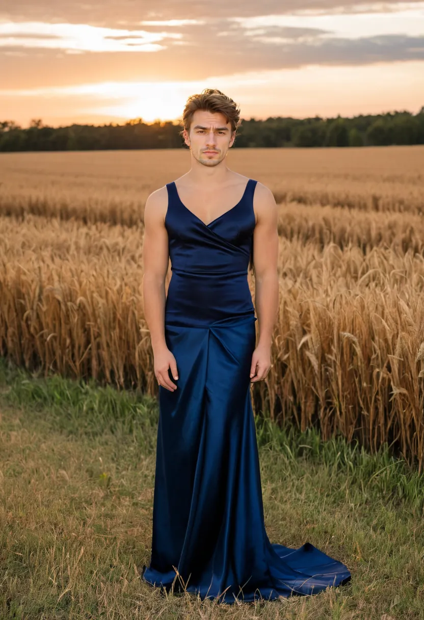 Man wearing an elegant floor-length midnight blue satin gown with a structured fitted bodice and narrow skirt, photographed in a soft sunset field