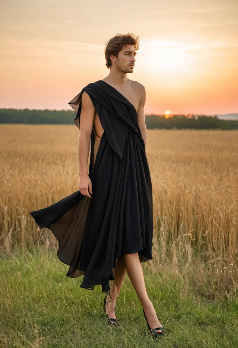 Fashion-forward asymmetric one-shoulder black chiffon dress on a man with graceful draping and layered flowing midi skirt