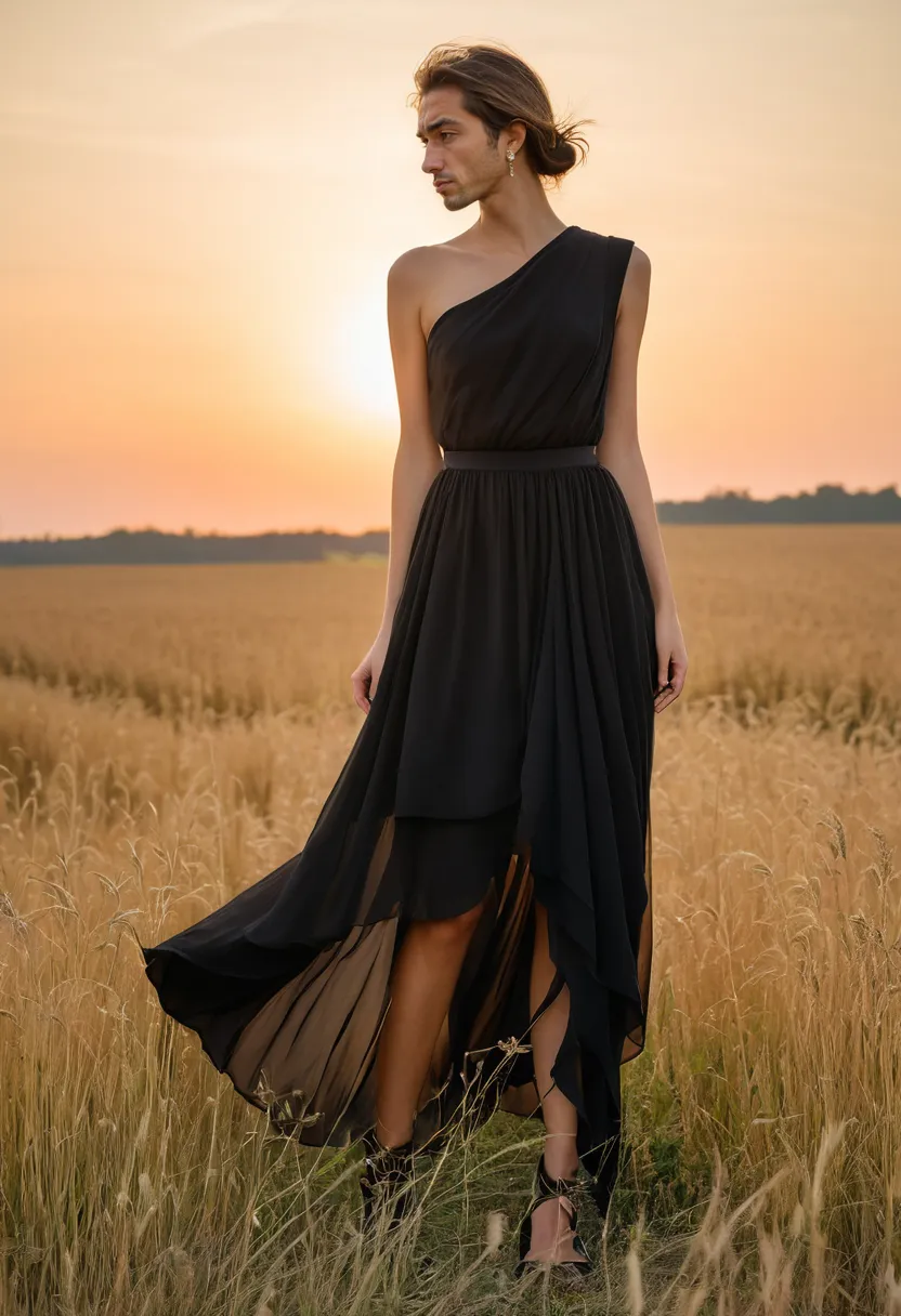 Midi length black chiffon dress with flowing layered skirt and elegant diagonal lines across the silhouette