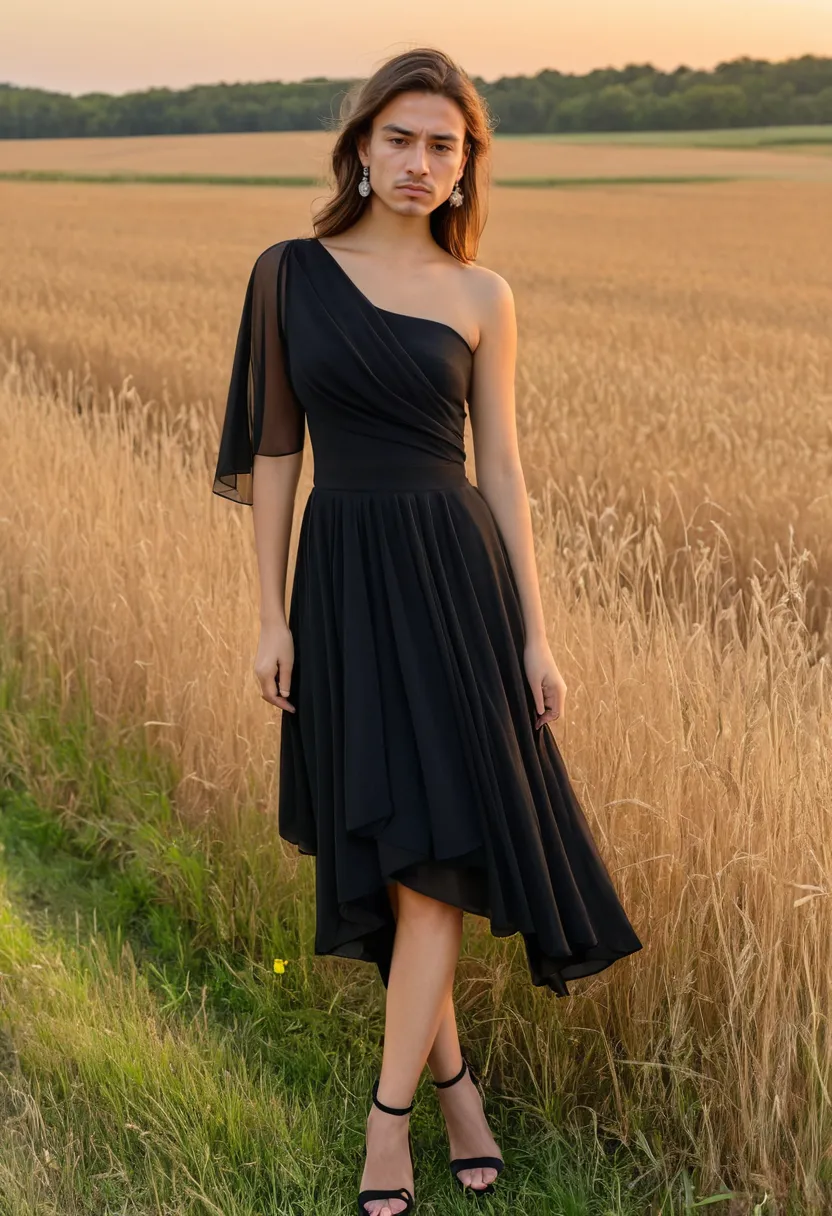 Man wearing an asymmetric elegant black chiffon dress with one-shoulder neckline and diagonal fabric draping