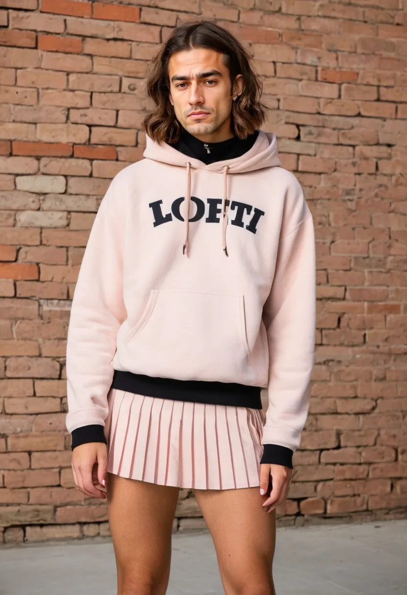 Bold feminine urban style with fleece hoodie and structured mini skirt combination