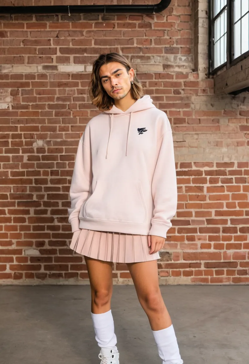Man wearing bold feminine streetwear with oversized soft pink fleece hoodie and pleated black mini skirt in industrial loft