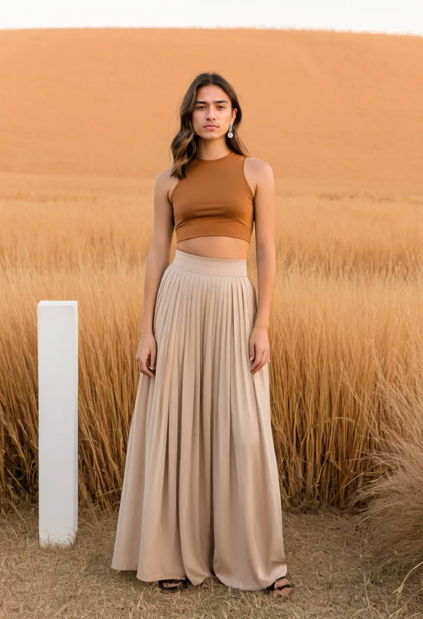 Caramel brown maxi skirt with fitted cropped top and elegant floor-length drape
