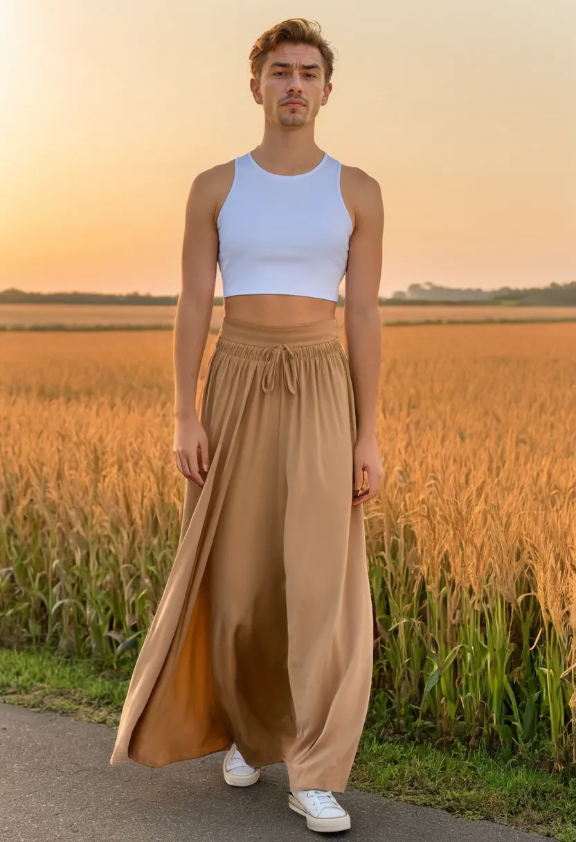 Man wearing a soft caramel brown maxi skirt with a cropped fitted top creating balanced proportions