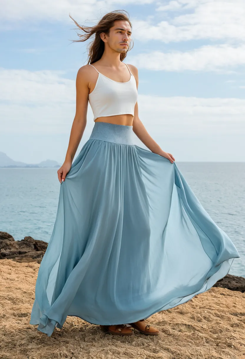 Boys in flowing skirts of ultra-lightweight chiffon, fabric swirling against a cloudy sea backdrop