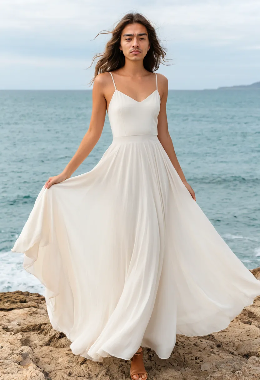 A man in a pale ivory chiffon flowy maxi dress with layered skirt movement and thin straps, photographed near the sea