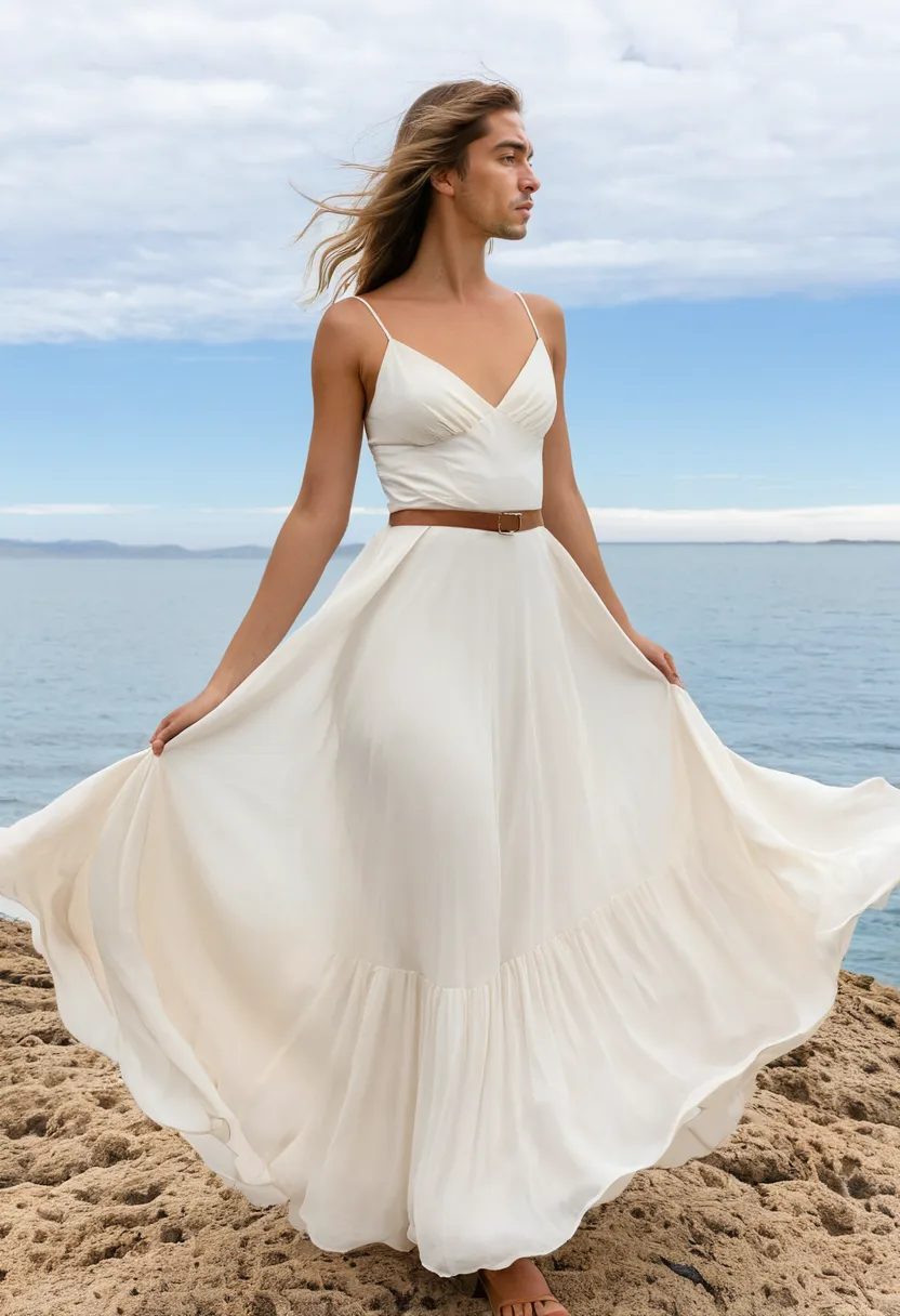 A man wearing a dreamy flowy maxi dress in pale ivory chiffon with a fitted bodice, thin straps, and a wide skirt billowing against a cloudy sky and sea backdrop