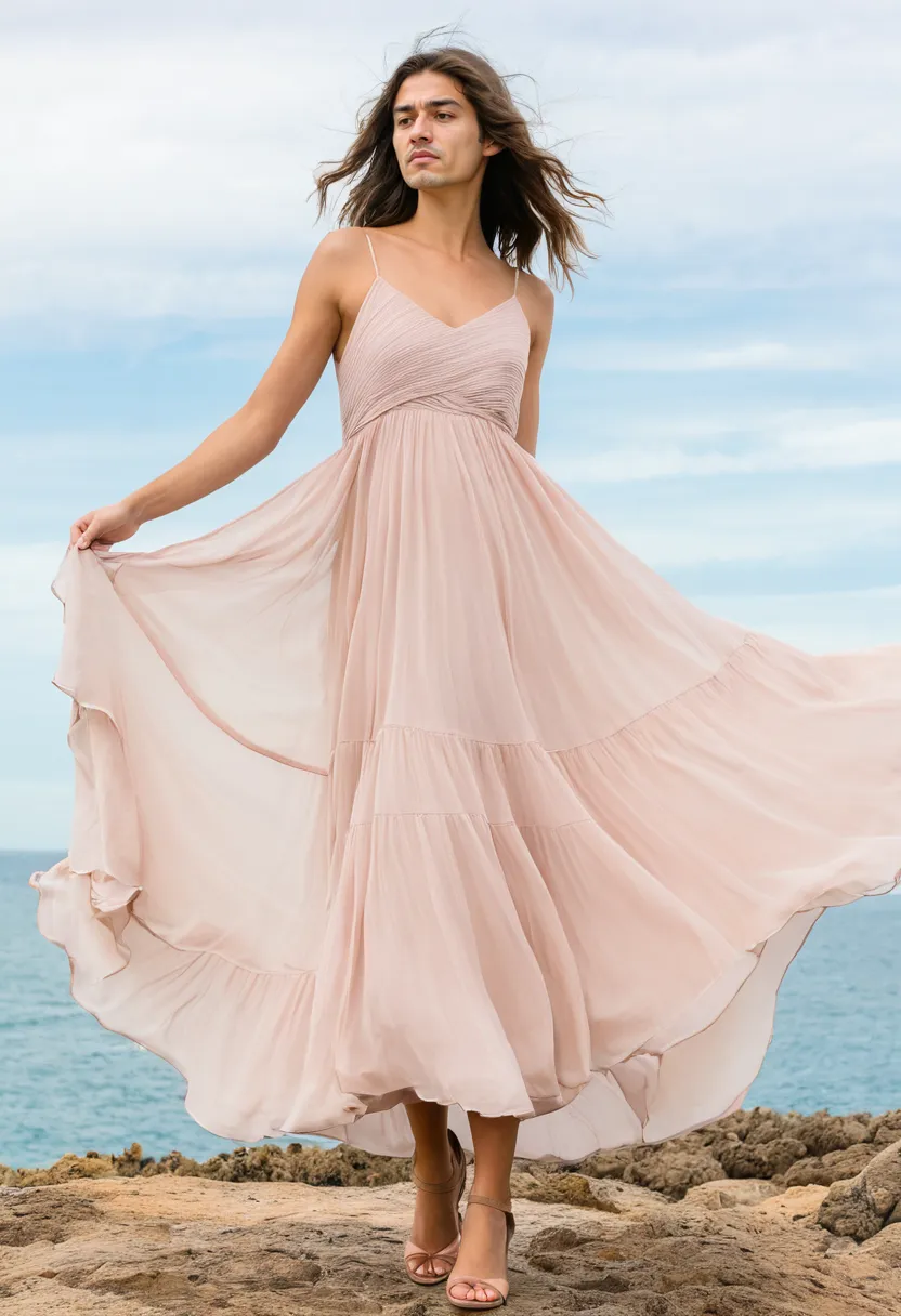 A man wearing a layered chiffon dress mid-movement with multiple sheer blush pink tiers floating and separating in the air