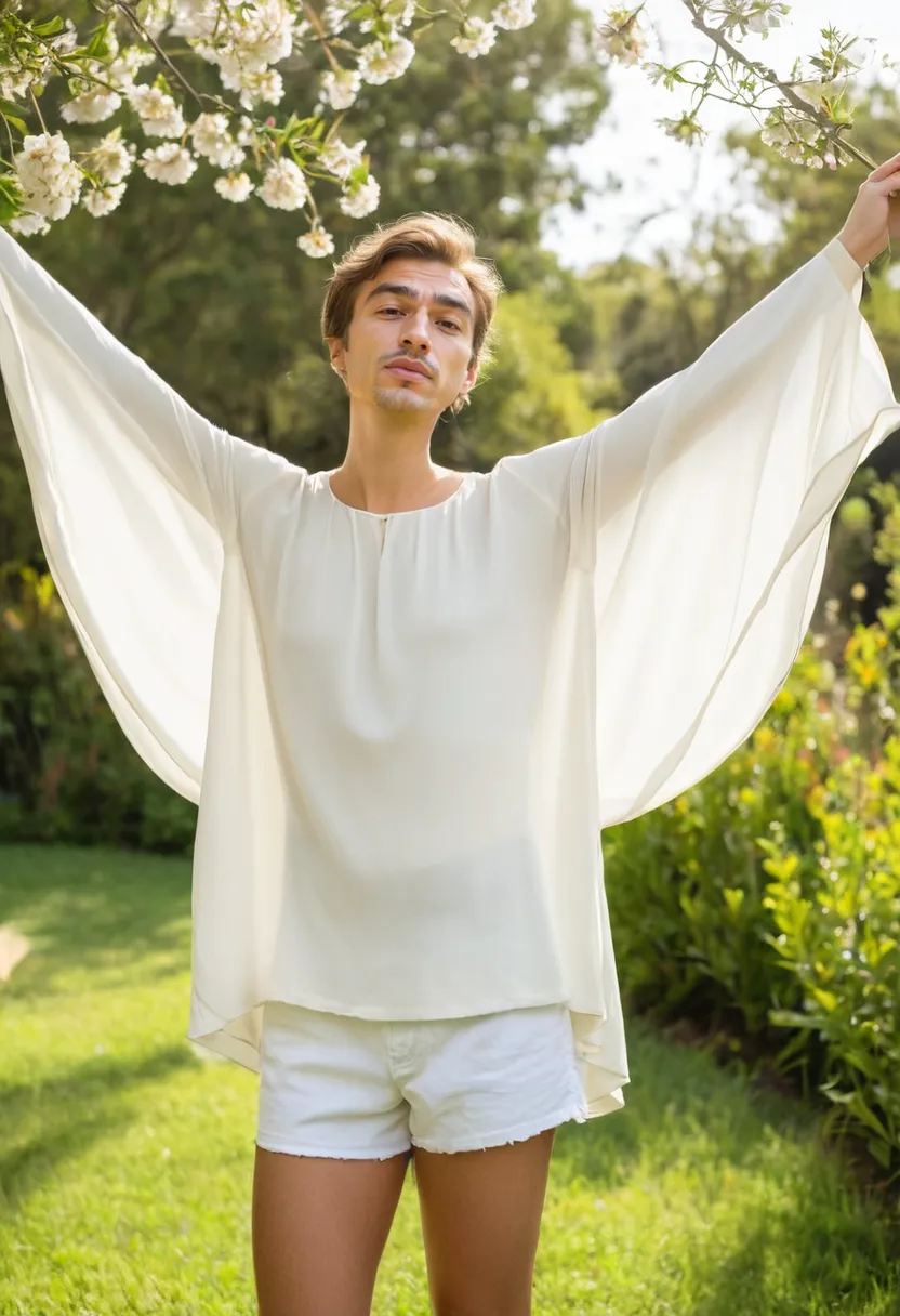 flowing ivory chiffon blouse with fabric that catches air and billows beautifully against blooming garden background