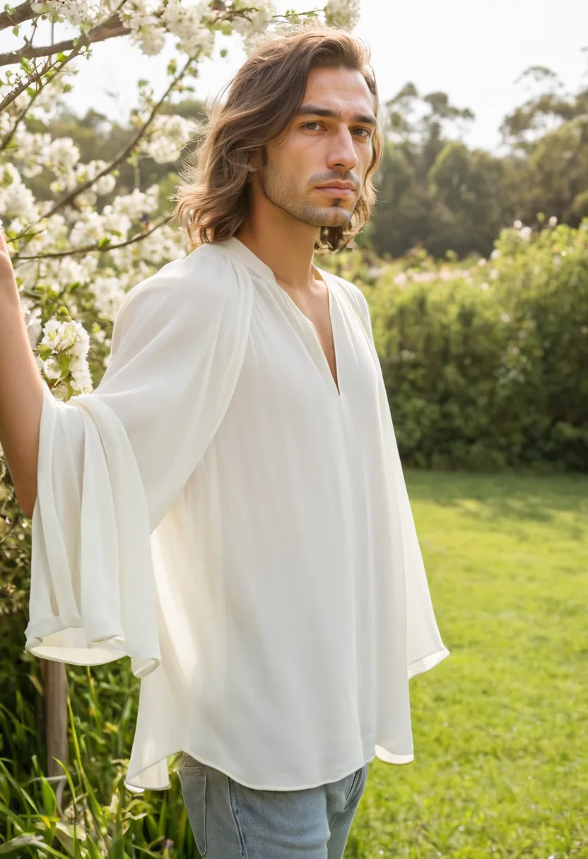 man wearing flowing chiffon blouse in soft ivory with wide billowing sleeves that ripple with movement in blooming garden