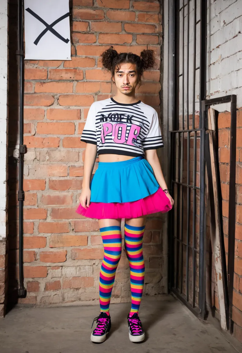 Colorful harajuku looks for boys featuring a pink tutu, striped tights and graphic top against brick