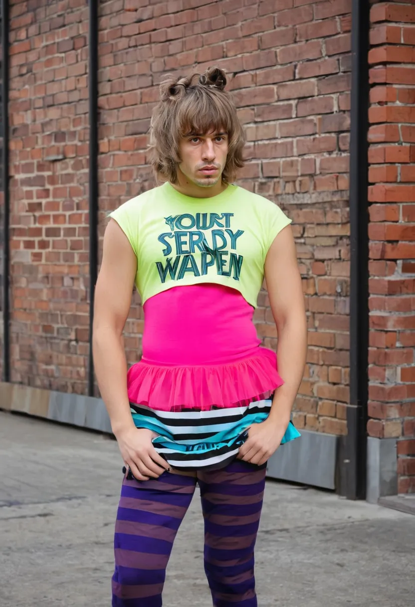 Men in harajuku fashion layering mixed patterns and contrasting bold fabrics in an industrial loft