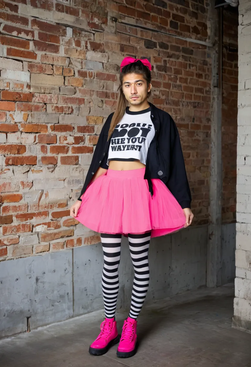 Boy wearing a bold harajuku outfit with bright pink tutu skirt over striped tights and oversized graphic top against a brick wall