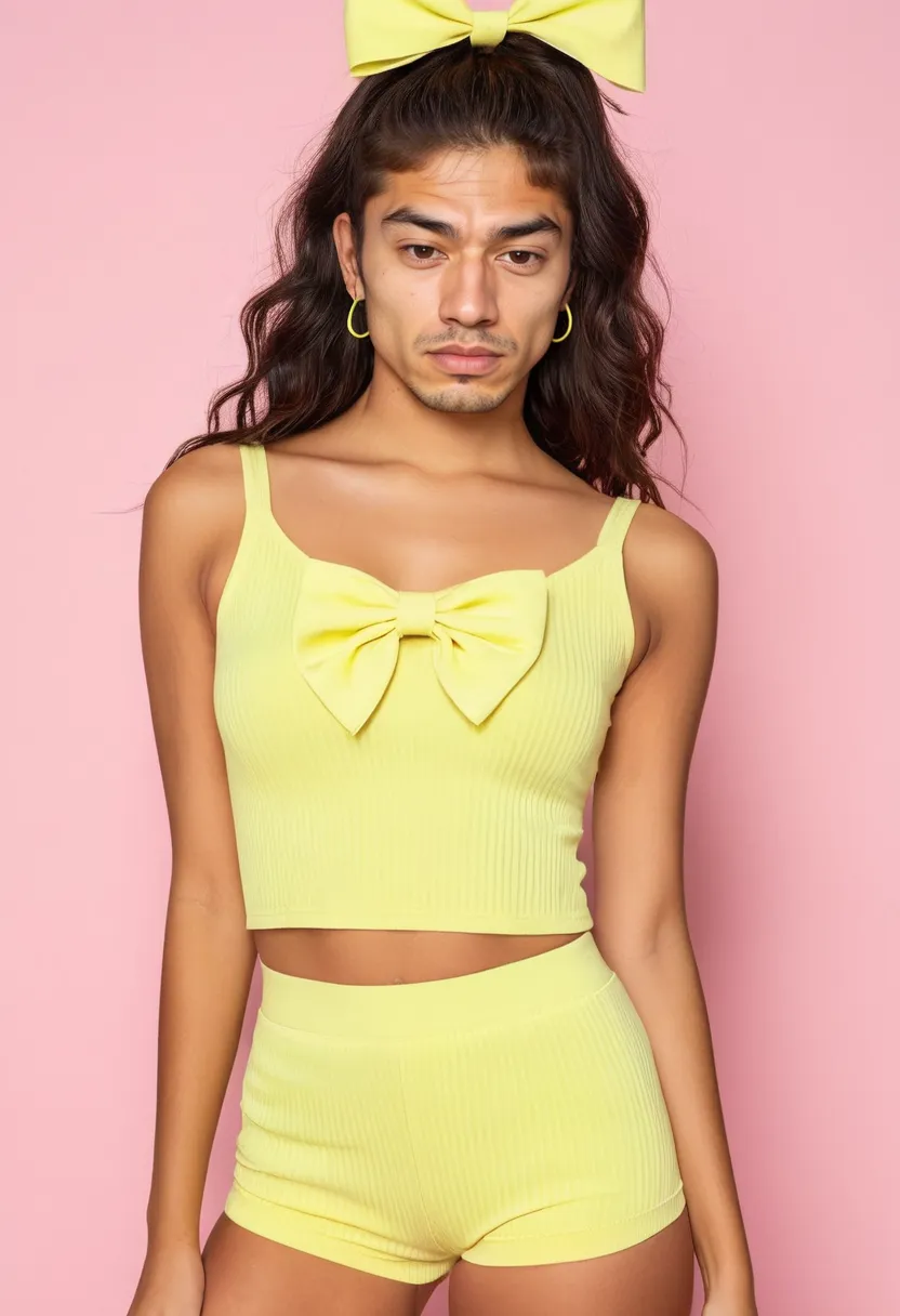 Boys in kawaii fashion wearing fine ribbed knit lemon yellow set with matching fabric bow, neon noir studio with holographic accents